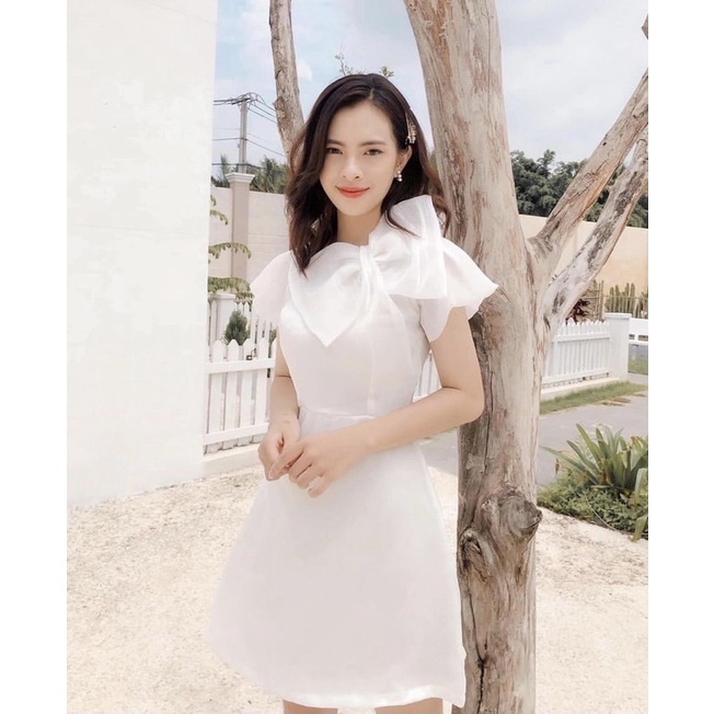 Pass váy trắng cánh tiên nơ cổ athena dress Donna.sg