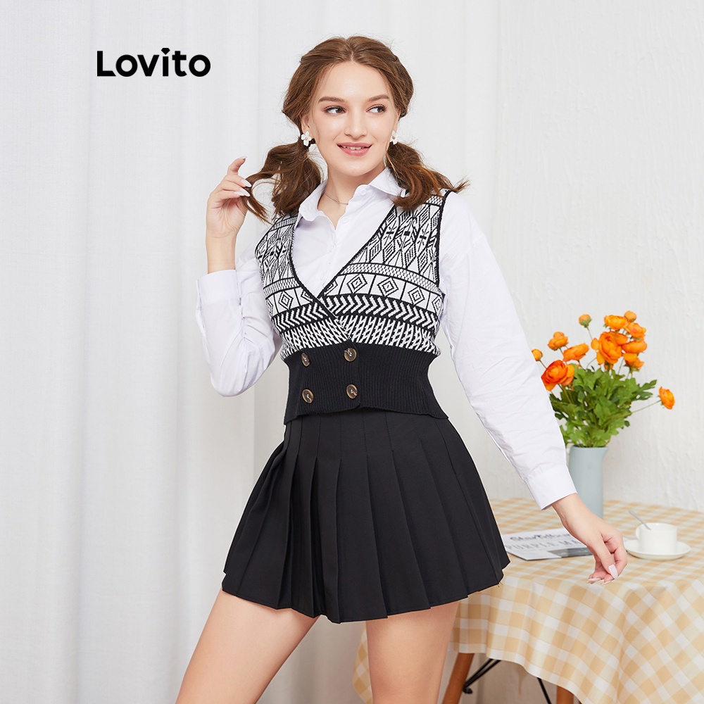 Áo sweater Lovito không tay cổ chữ V thiết kế hình học phong cách Preppy L08206 (Màu đen)