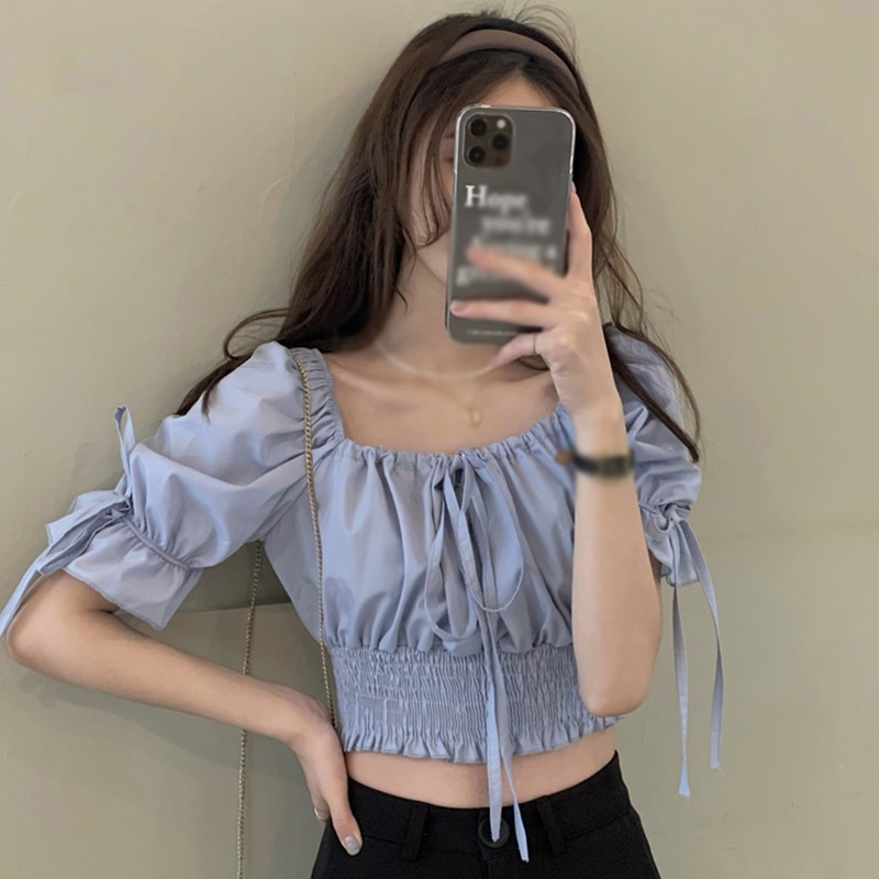 Áo Croptop Tay Phồng Ngắn Cổ Vuông Màu Trơn Phối Dây Rút Phong Cách Hàn Quốc Cho Nữ