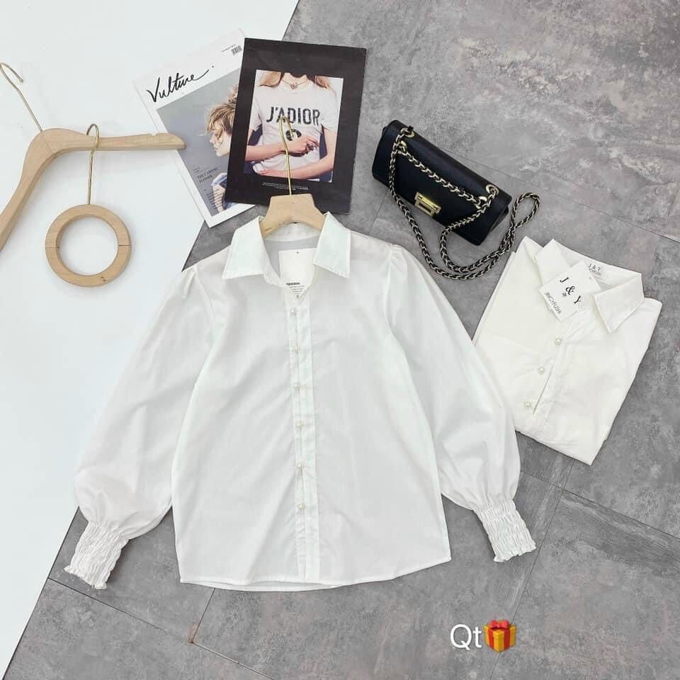 Áo sơ mi cổ đức khuy ngọc bo tay nhún