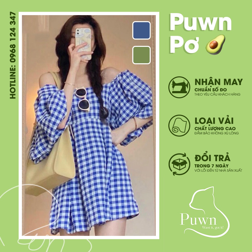 Váy trễ vai, cổ vuông xòe kẻ caro trẻ trung năng động- Puwn Pơ🥑