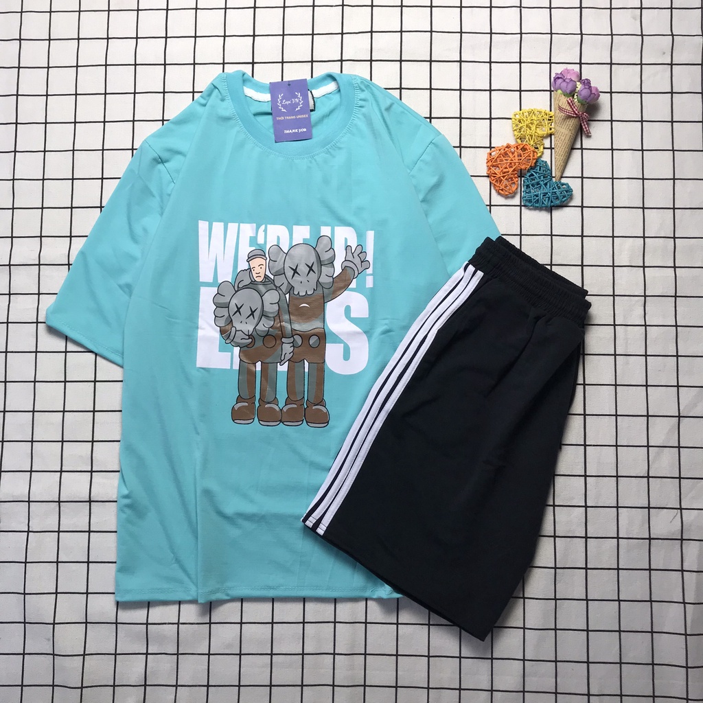 Set Đồ Bộ Tay Lỡ In Hình Kaws Xanh Quần 3line - Lapi VN Phong Cách Unisex , Đồ Mặc Nhà Dễ Thương