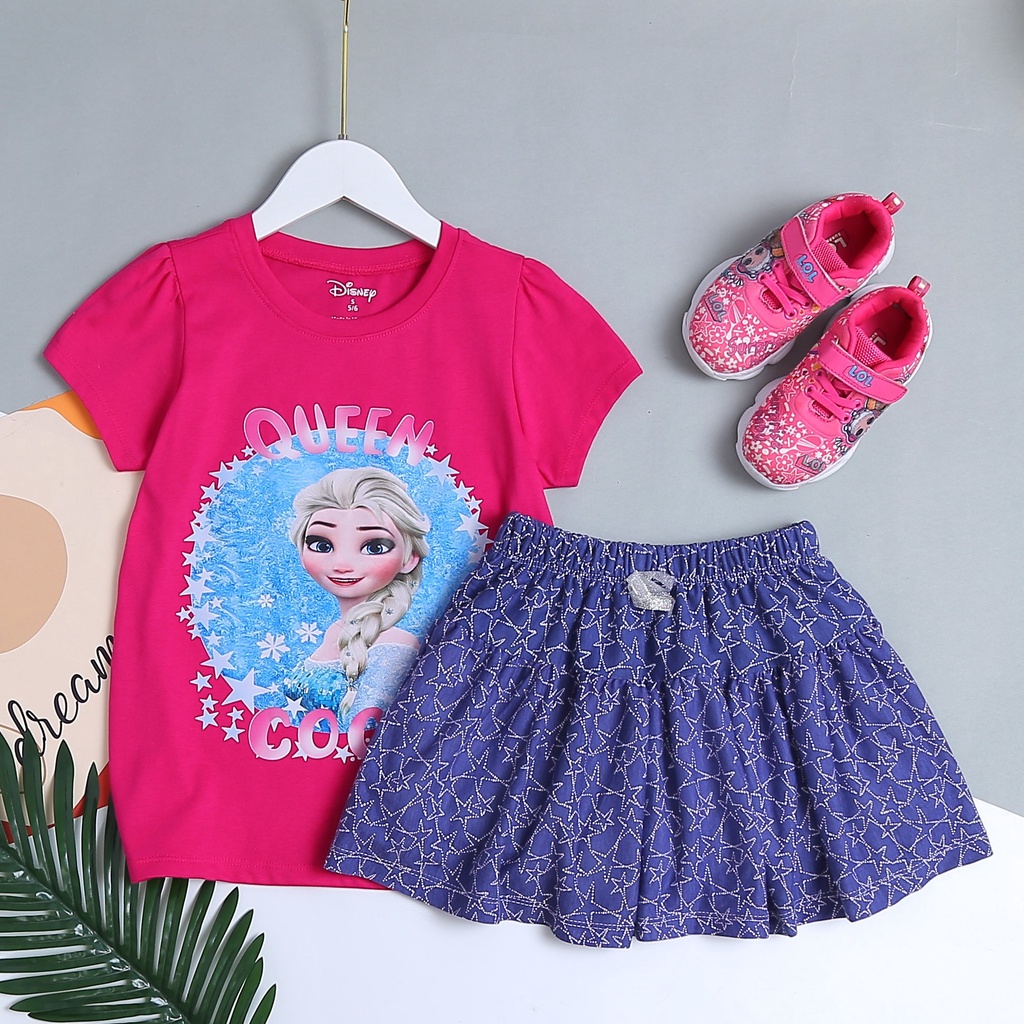 Set áo + váy ngắn tay thun cotton bé gái in 3D Disney Bạch Tuyết, Elsa, Mickey và Pony size 4-14T