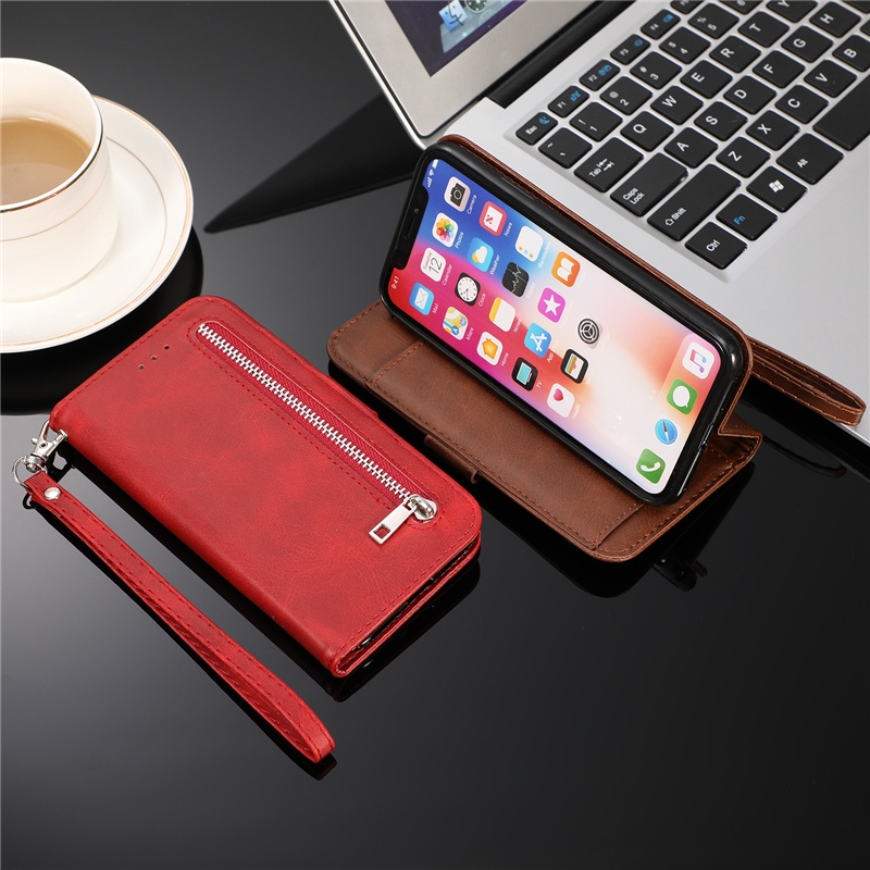 Bao Da Điện Thoại Dạng Ví Nắp Lật Có Khóa Kéo Và Ngăn Đựng Thẻ Đa Năng Cho Samsung Note 8 9 10 Plus 20 Ultra A7 A6 2018 Vỏ