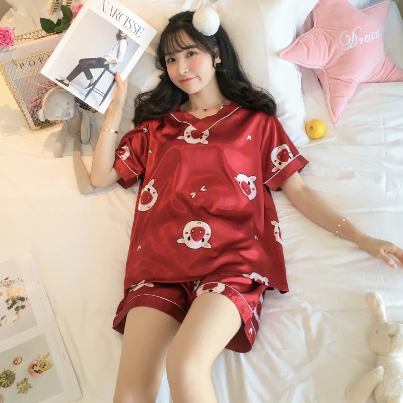 Bộ Đồ Ngủ Vải Lụa Satin In Họa Tiết Trái Cây Phong Cách Hàn Quốc Cho Nữ Size M-5Xl
