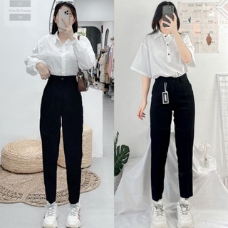 Quần tây baggy nữ đi học cạp lưng cao màu xanh đen dáng dài kèm đai - Quần vải nữ học sinh cấp 2 3 cạp cao ống đứng mềm