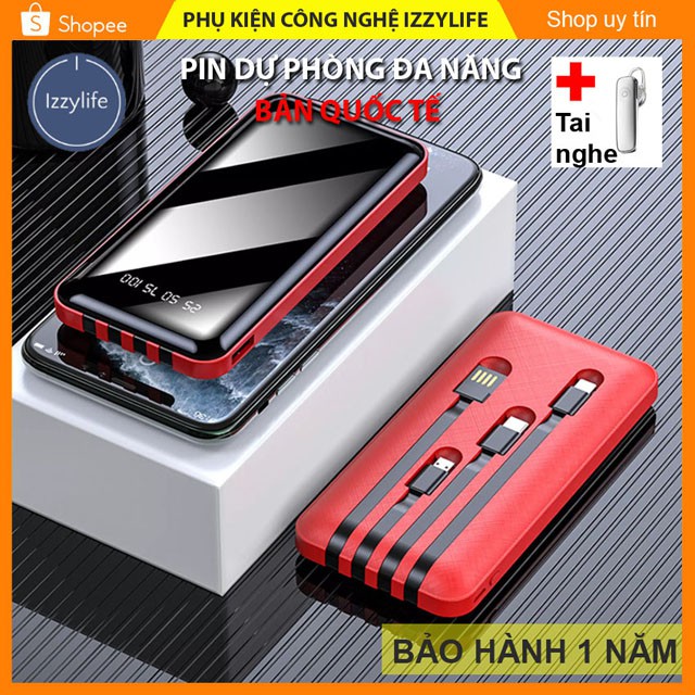 [HÀNG CHÍNH HÃNG] PIN SẠC DỰ PHÒNG 4 ĐẦU Izzylife chuẩn 10000mAh, 2 đầu vào và 4 đầu ra, sạc cực nhanh, màn hình led