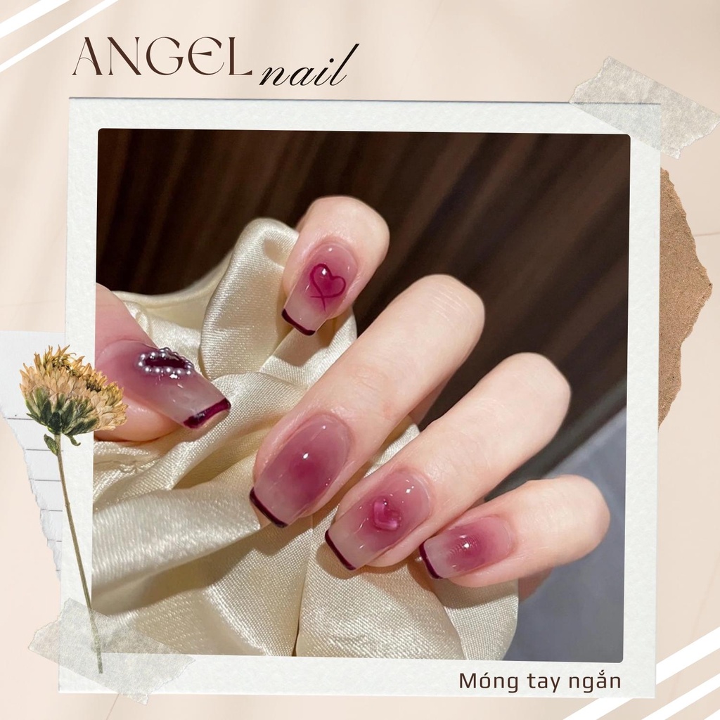 Bộ 24 móng giả đính charm tim cute