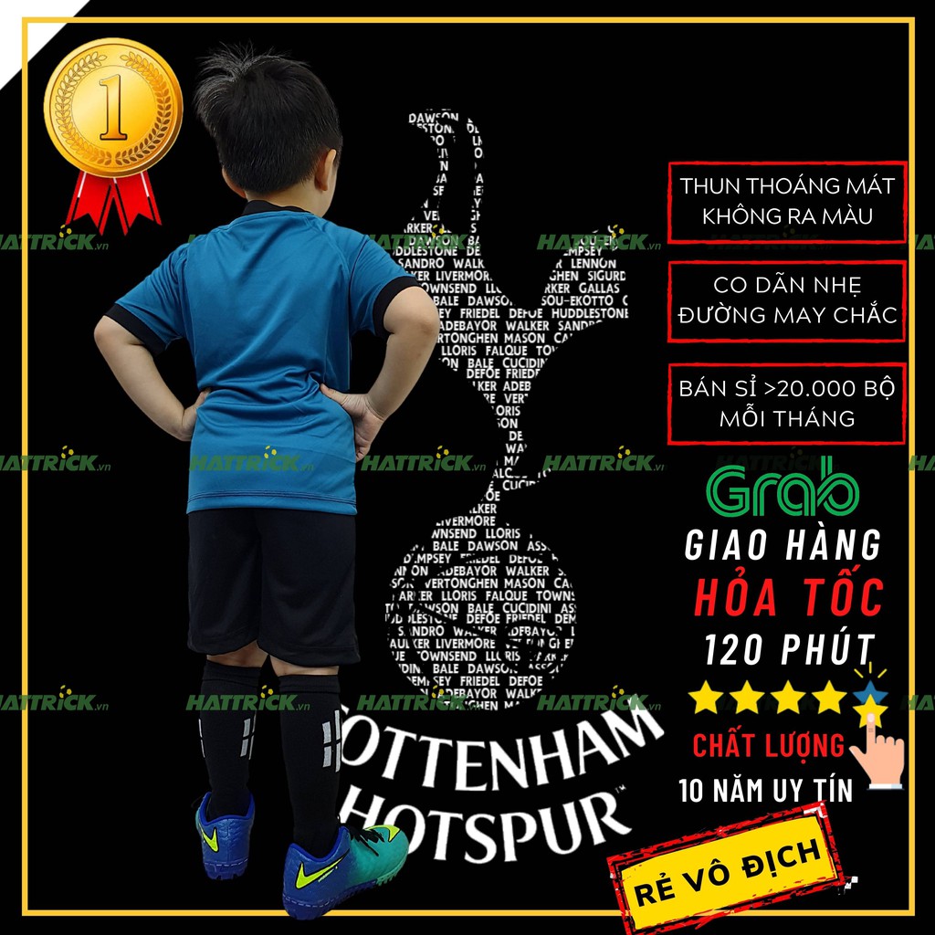 Đồ đá bóng trẻ em Tottenham xanh MẪU MỚI 2021 (11kg-41kg), thun Sài Gòn thoáng mát mềm mại, may chất lượng, xưởng bán sỉ