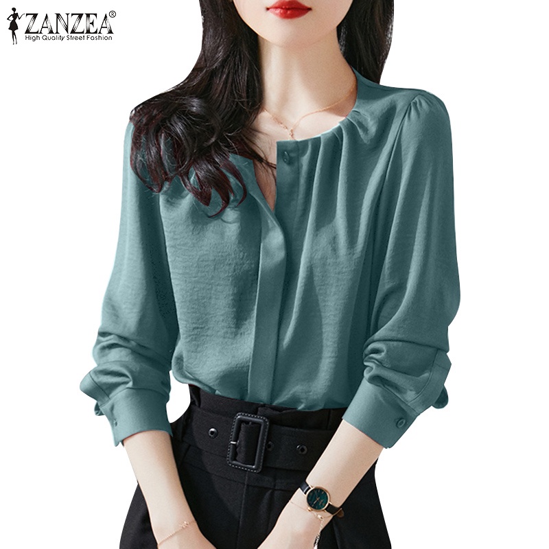 Áo sơ mi ZANZEA tay dài cổ tròn bằng satin thời trang cho nữ