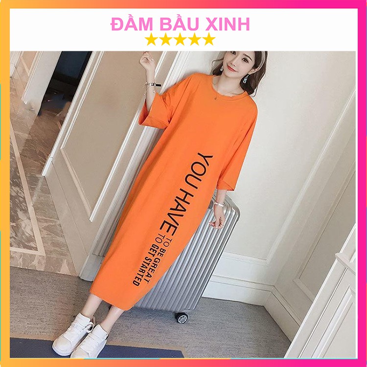 Đầm bầu suông cổ tròn tay lỡ váy bầu chất Cotton dáng dài in họa tiết You Have hàng VNXK
