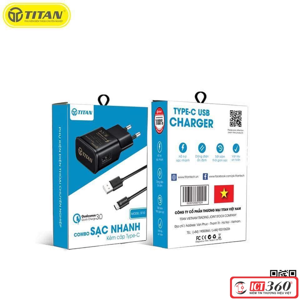 Combo Sạc Nhanh Qualcom 3.0 Cáp Type C Titan ST10 - BH 12 tháng