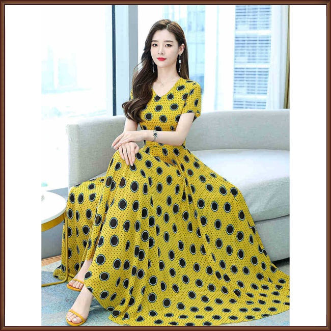 Đầm Đi Biển Tay Ngắn Cổ Chữ V Họa Tiết Chấm Bi Phong Cách Retro Dành Cho Nữ