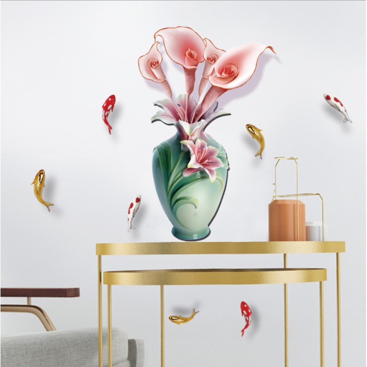 Decal trang trí tường - Chậu Hoa sứ xanh và Hoa liLy hồng nhạt 3D