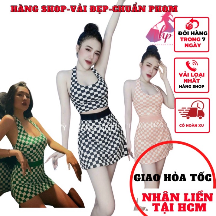 Set đồ nữ cá tính caro áo yếm croptop kèm chân váy ngắn A thun gân thời trang mùa hè phong cách hàn quốc VD218 -mộc miên