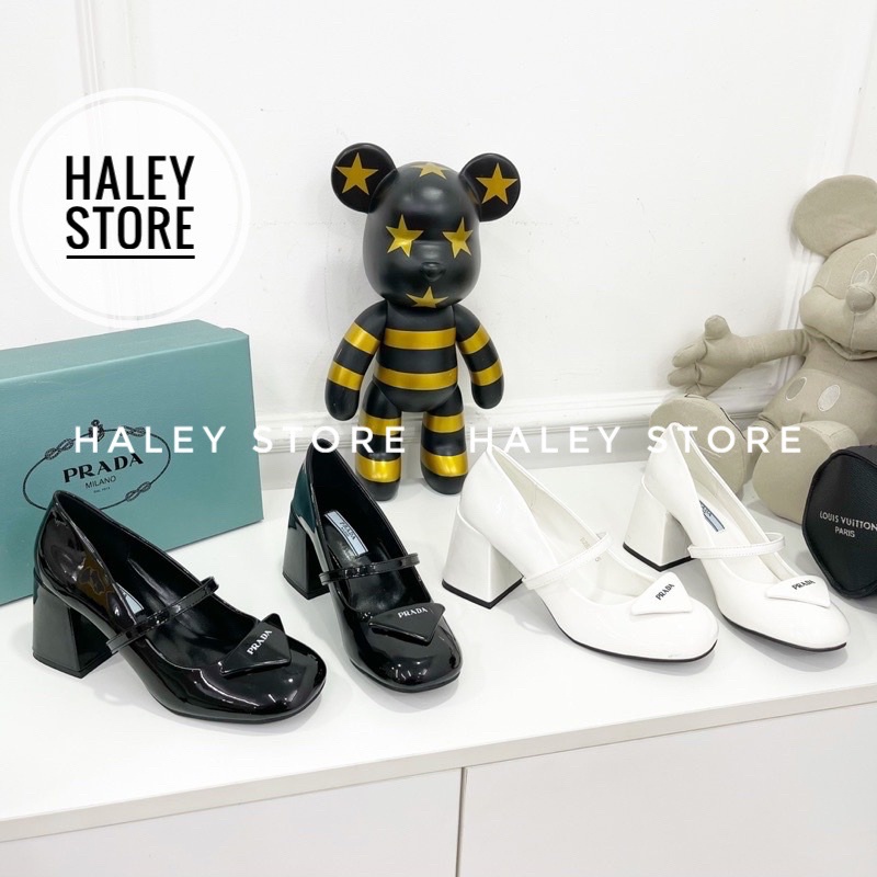 Giày cao gót 7cm bít mũi HALEY STORE sandal Prada da bóng gót vuông tiểu thư cá tính sang trọng rẻ bền đẹp hot