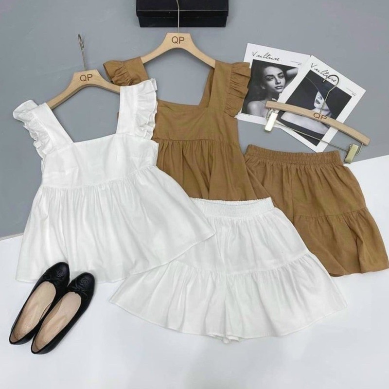 Set Bộ Nữ Áo Babydoll xòe Tay Cánh Tiên Kèm Quần Giả Váy Siêu Dễ Thương chất Vải Đũi Mềm Nhẹ Thoáng Mát