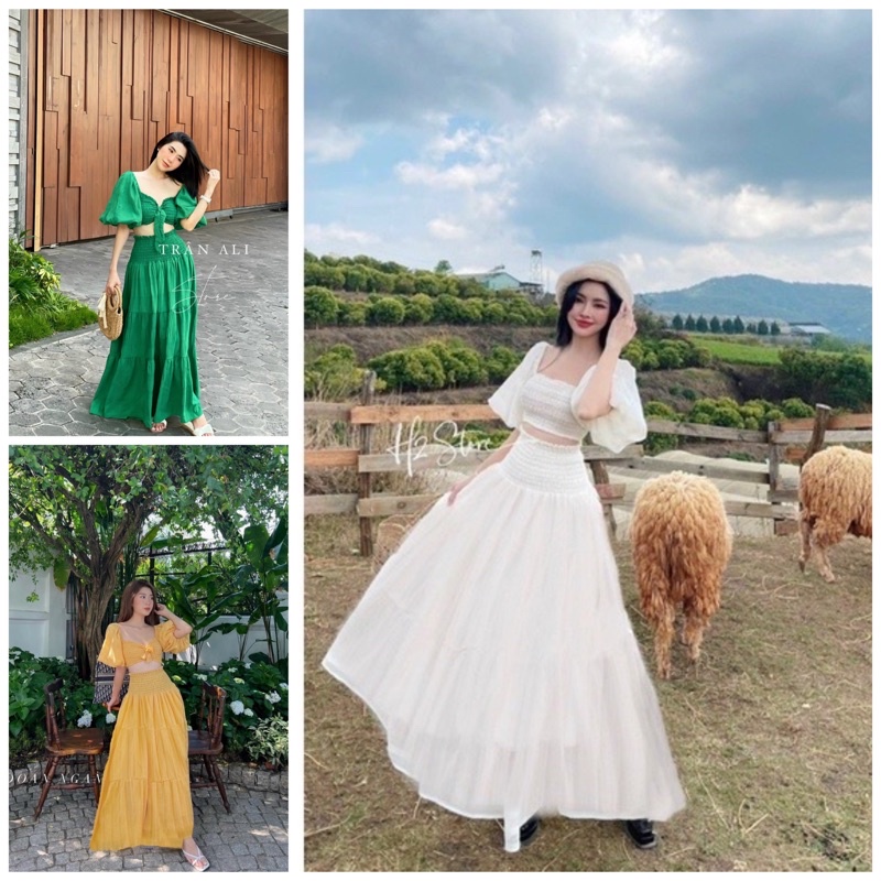 Set váy đũi trễ vai màu trắng
