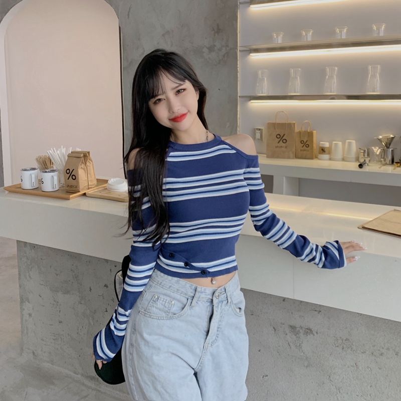 Áo Croptop Xiaozhainv Tay Dài Hoạ Tiết Kẻ Sọc Phong Cách Hàn Quốc