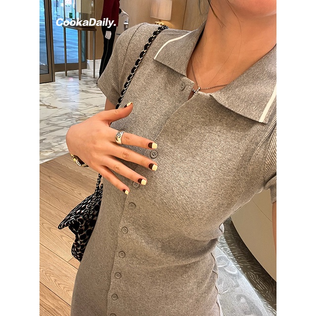 Đầm Mini Cổ Polo Cài Một Hàng Nút Thời Trang Mùa Hè Hàn Quốc Cho Nữ