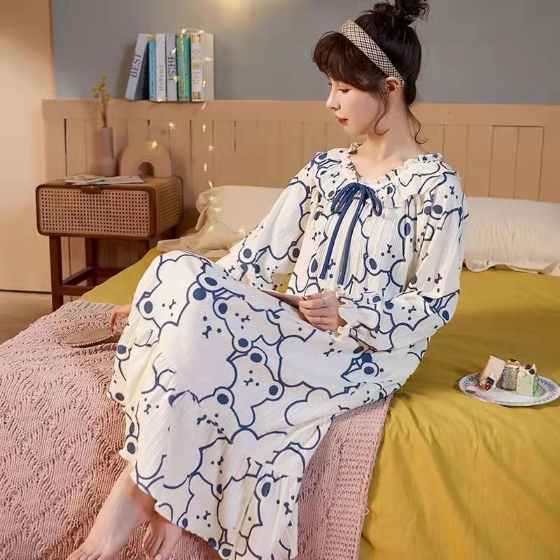 Đầm ngủ tay dài dáng rộng chất liệu cotton size M-4XL phong cách Hàn Quốc thời trang xuân thu cho nữ