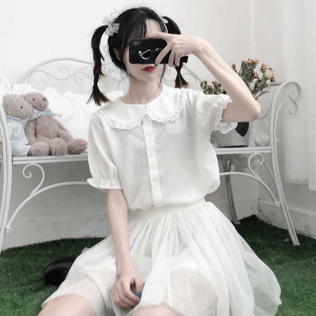 Áo sơ mi trắng tay ngắn cổ búp bê phong cách Lolita Nhật Bản dễ thương dành cho nữ