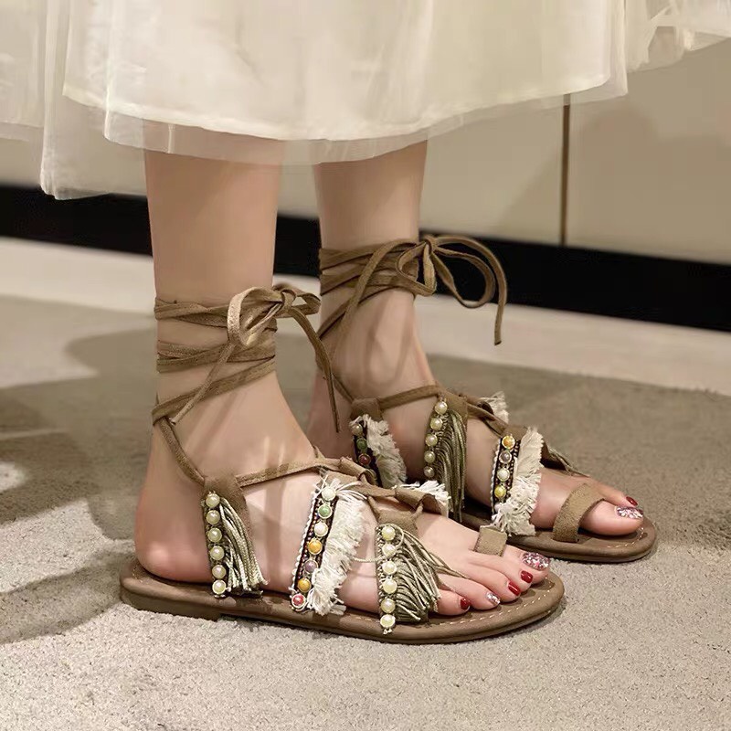 SẴN NÂU 37, ĐEN 36 Giày sandal cột dây chiến binh thổ cẩm Hàng Quảng Châu - Boho Vintage Style