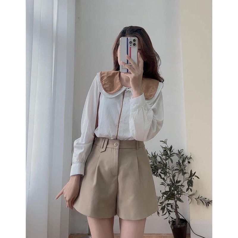Áo kiểu nữ cổ sen 2 tầng phối màu tay bồng