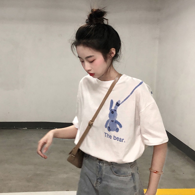 Áo thun ZHELIHANGFEI dáng rộng in hình thỏ graffiti dễ phối đồ