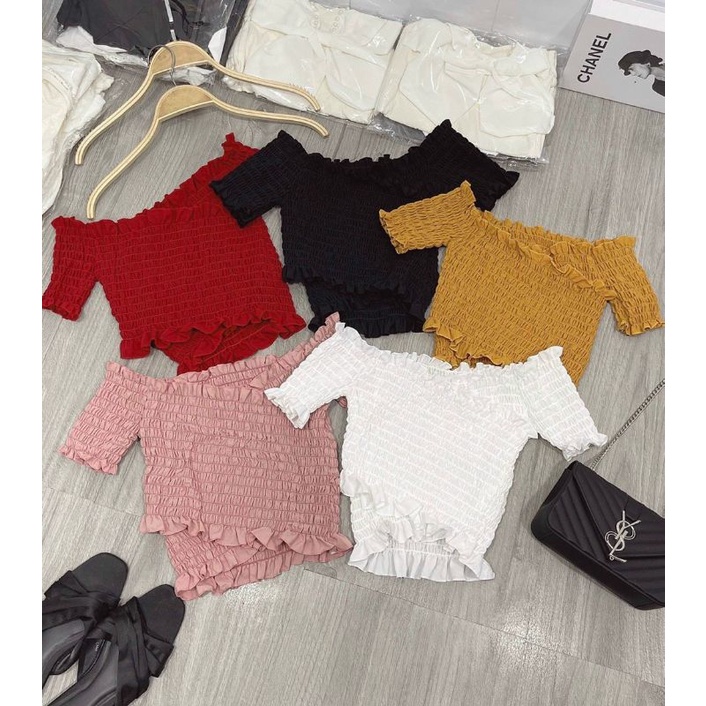 🎀Áo Nhún Thun Đắp Chéo Trễ Vai Fom Croptop Dễ Thương Nữ Tính