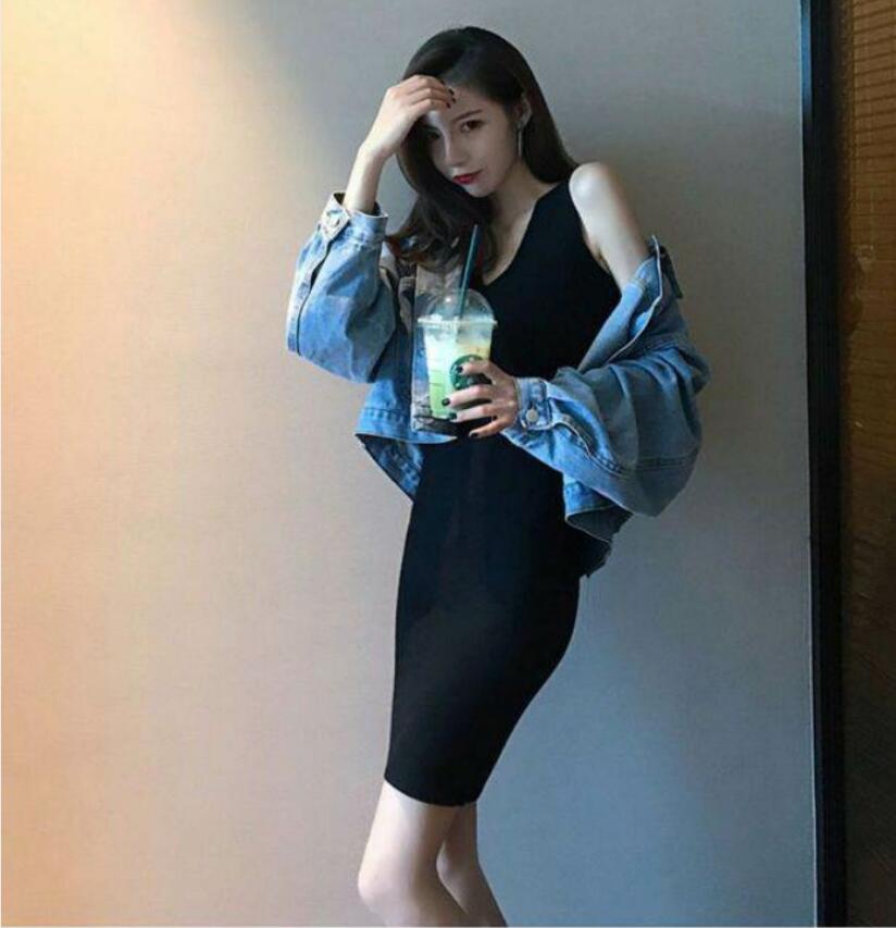 SUXI Đầm dệt kim sát nách thiết kế cổ chữ v nữ tính