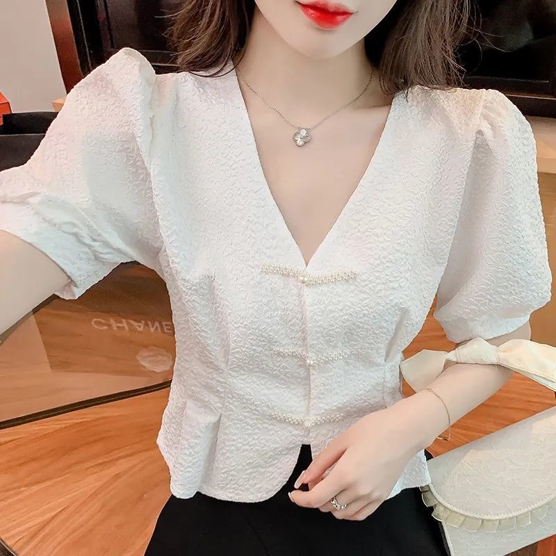 Áo Croptop Tay Phồng Cổ Chữ V Màu Trắng Thiết Kế Đơn Giản Thời Trang Mùa Hè 2022 Mới