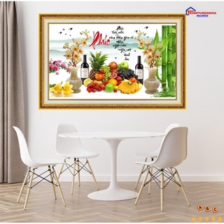 Tranh đính đá LV582 DD9799 (80cm x 50cm), tranh thêu chữ phúc mâm ngũ quả DV6596 (67cm x 43cm)