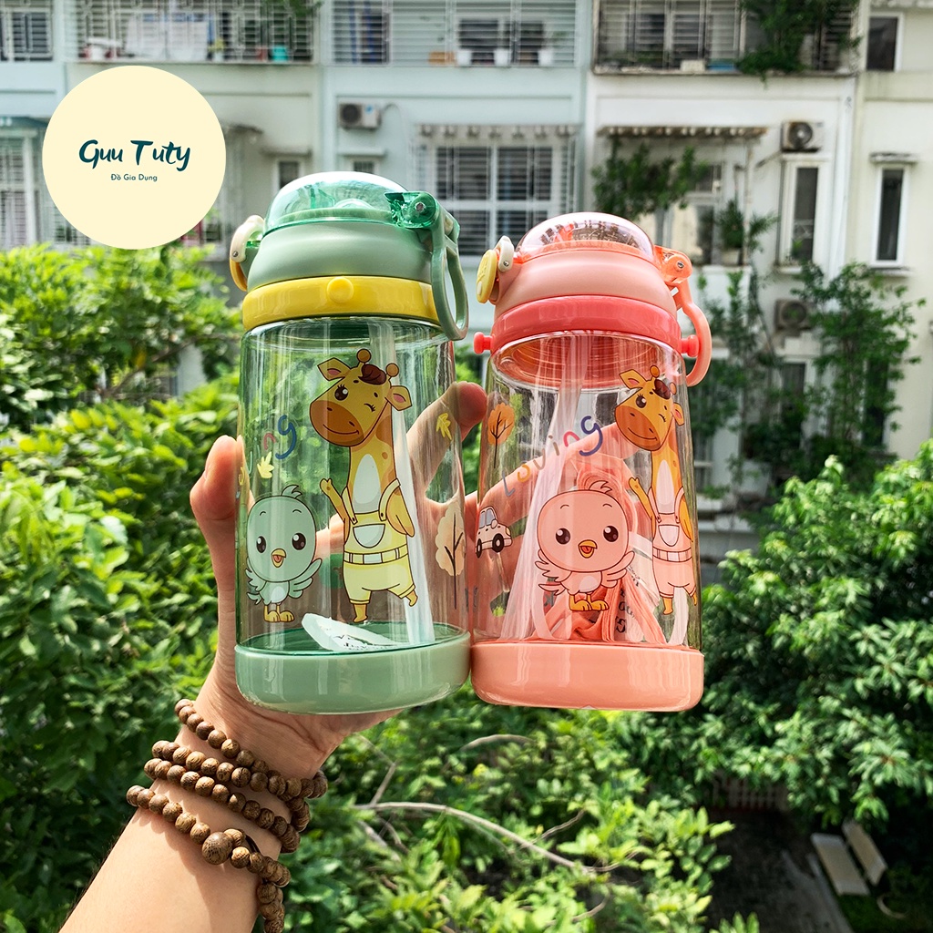 Bình uống nước cho bé có ống hút và dây đeo Việt Nhật 450ml