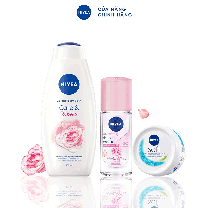 Bộ sữa tắm Rose dưỡng ẩm và ngăn mùi NIVEA: Sữa tắm NIVEA 750ML, Lăn ngăn mùi Hokkaido 40ML &amp; Kem dưỡng ẩm 50ML