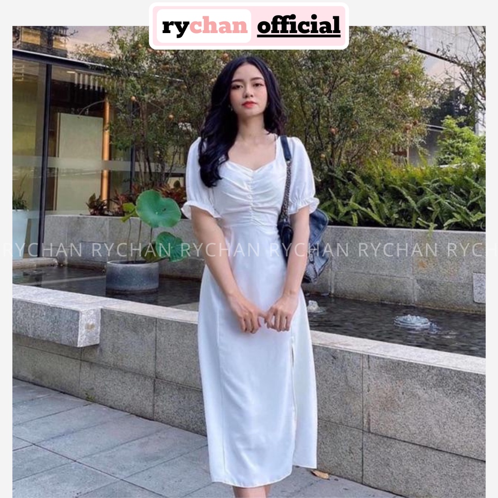 Đầm Nữ Dự Tiệc Cổ Tim Nhúng Ngực Bo Tay Thắt Eo Xẻ Tà Quyến Rũ Sang Chảnh Màu Trắng Xanh Đen - DX9884