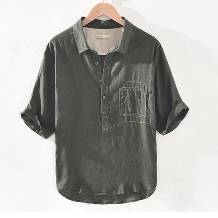 Áo sơ mi đũi nam cổ đức túi chạy chỉ, thời trang xuân hè 2021