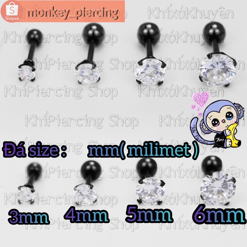 1 chiếc khuyên tai gắn đá  chất liệu cao cấp không gỉ sét bay màu - Khỉ Xỏ Khuyên - Piercing