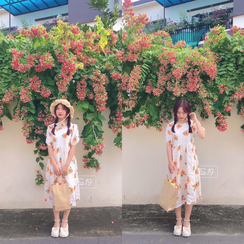 Váy babydoll hoa cam ulzzang Tia19. Đầm hoa cam ulzzang (ảnh thật).