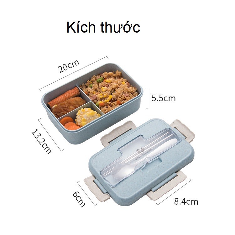 Hộp đựng cơm lúa mạch 3 ngăn, hộp cơm văn phòng kèm thìa và đũa inox