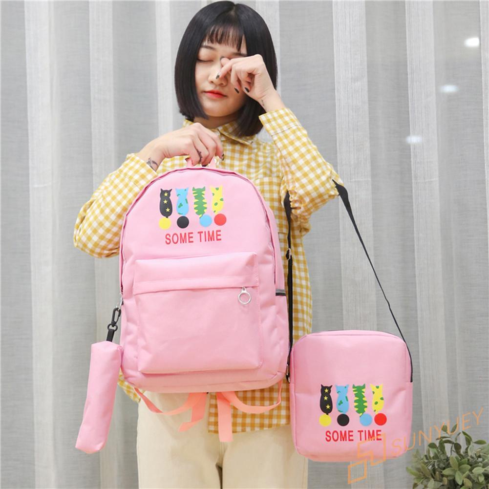Bộ 3 sản phẩm gồm ba lô + túi đeo chéo + ví cầm tay bằng vải canvas in hình mèo dễ thương cho nữ