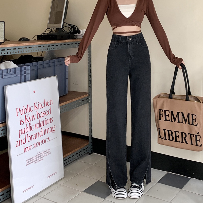 Quần Jean Nữ Ống Loe Lưng Cao Xẻ Tà Màu Đen Phong Cách retro Mỹ