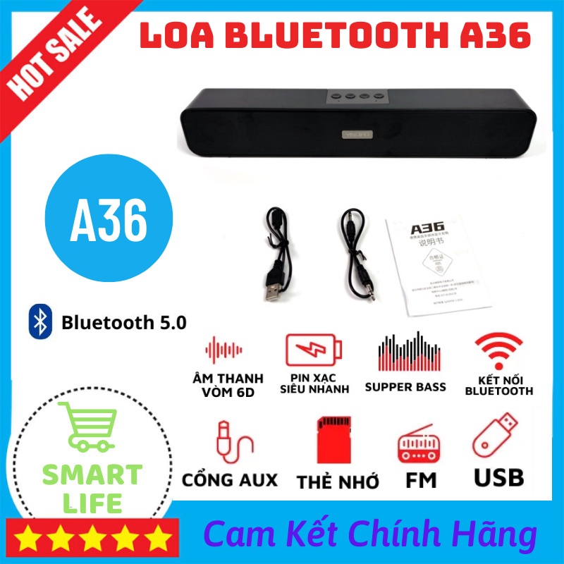 Loa Bluetooth A36 Loa Không Dây Âm Thanh Vòm 6D Kết Nối Bluetooth 5.0 Hỗ Trợ Cổng Kết Nối USB , AUX , Thẻ Nhớ