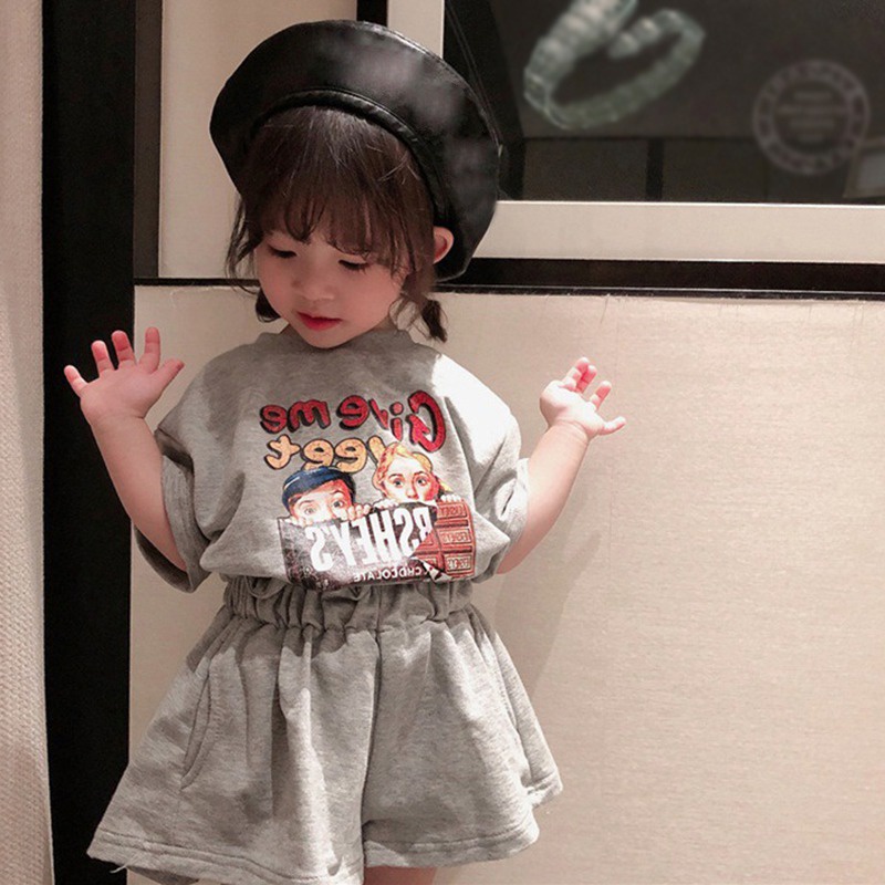 Bộ Đồ Áo Thun Tay Ngắn In Chữ Hoạt Hình + Quần Short Thời Trang Mùa Hè Dành Cho Bé Gái Se7en