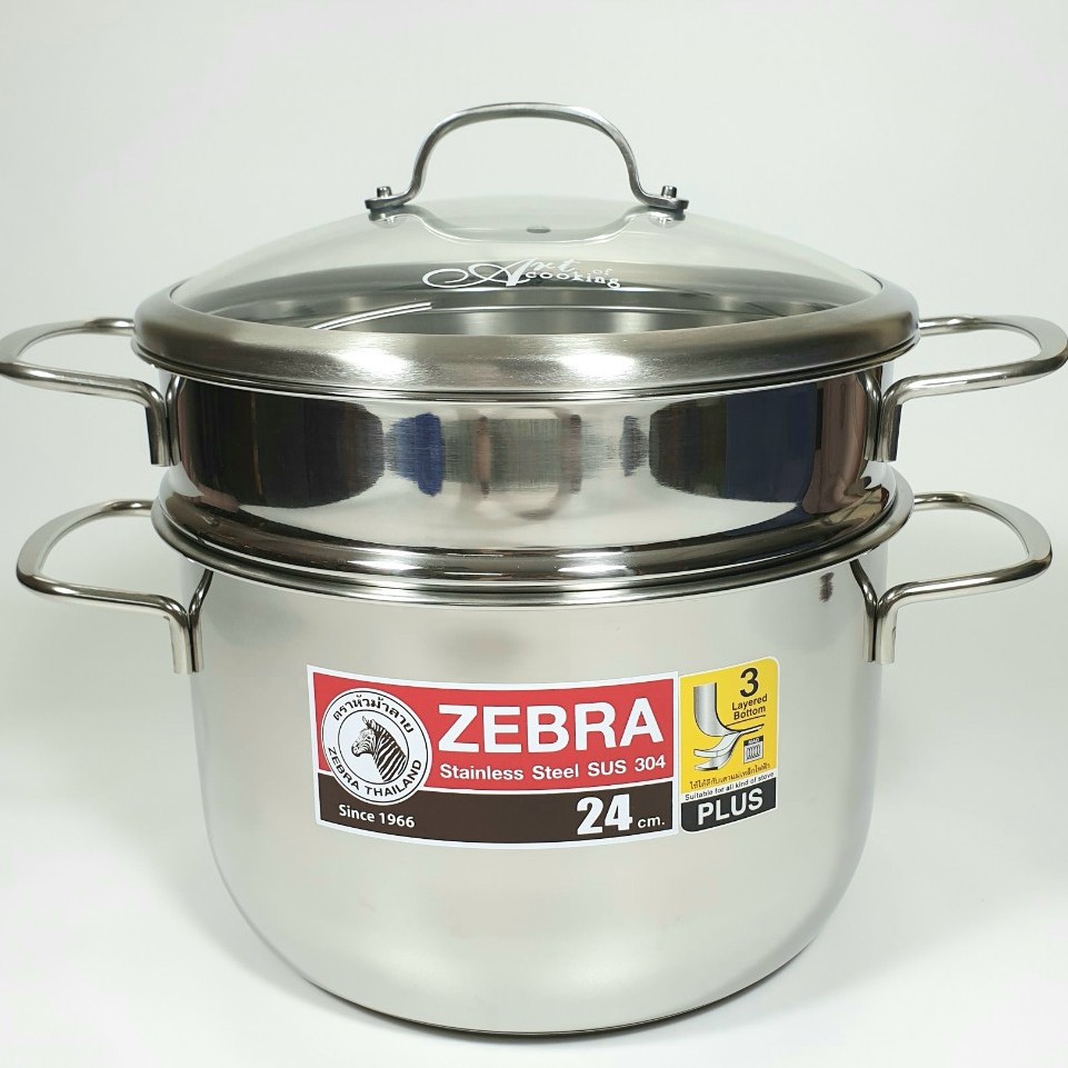 Bộ nồi xửng hấp Zebra Thái Lan 24cm-6.2L-3 đáy-163640, nắp kính, Inox 304. Lồng hấp cao 10cm