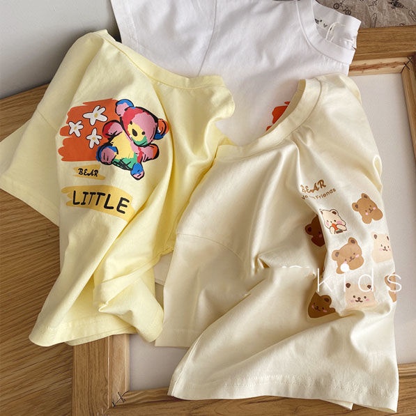 Áo Thun Cotton Tay Ngắn Dáng Rộng In Họa Tiết Gấu Hoạt Hình Dễ Thương Phong Cách Nhật Hàn Thời Trang Mùa Hè Cho Bé Gái 22
