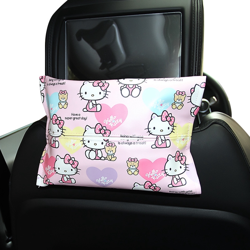 Hộp Đựng Khăn Giấy Bằng Da Pu Hình Hello Kitty Treo Xe Hơi Giá Đỡ