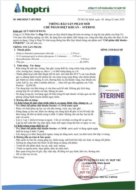 Thuốc diệt khuẩn Sterine 500ml khử trùng bệnh viện, nhà ở,kho xưởng đã cấp phép phòng dịch