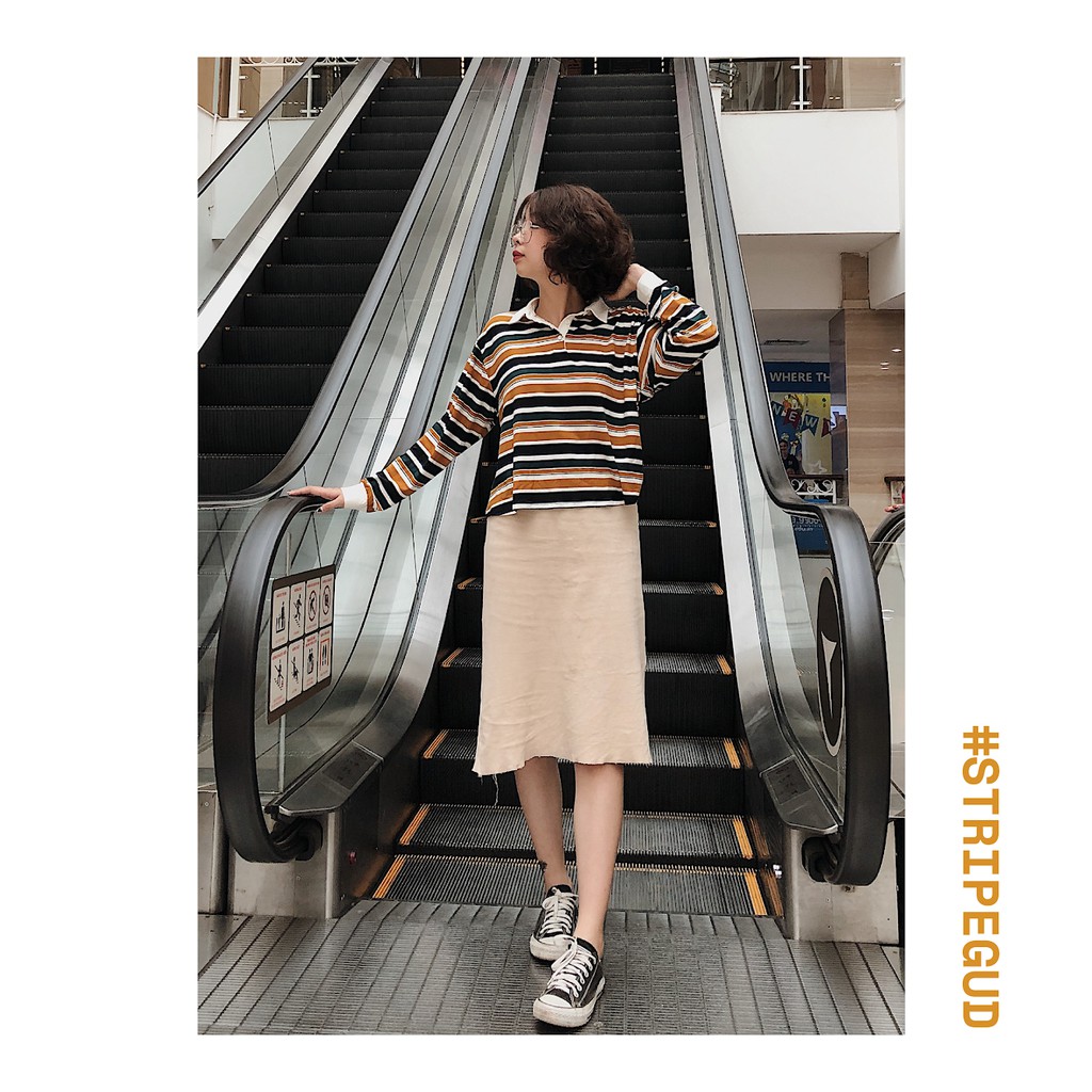 Áo kẻ dài tay "Striped Polo Crop Top"