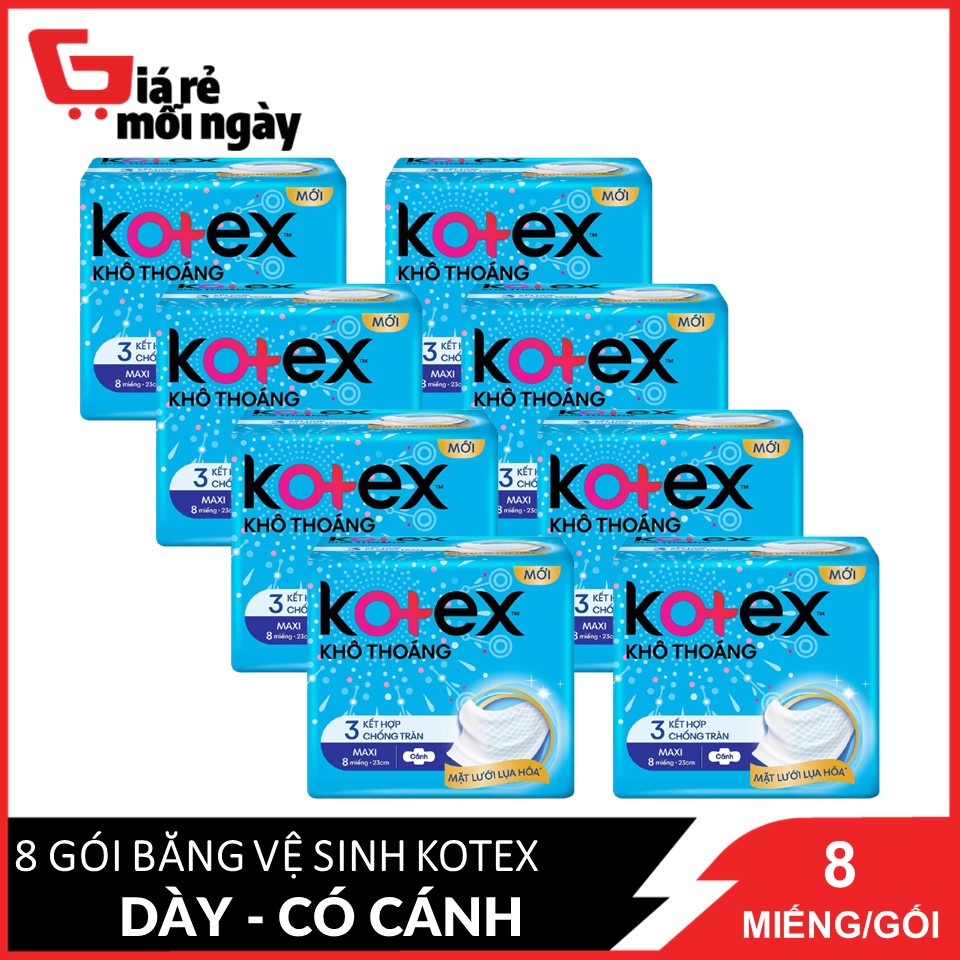 Combo 8 Băng Vệ Sinh Maxi 23cm Kotex Khô Thoáng Kết Hợp 3 Chống Tràn 8 miếng